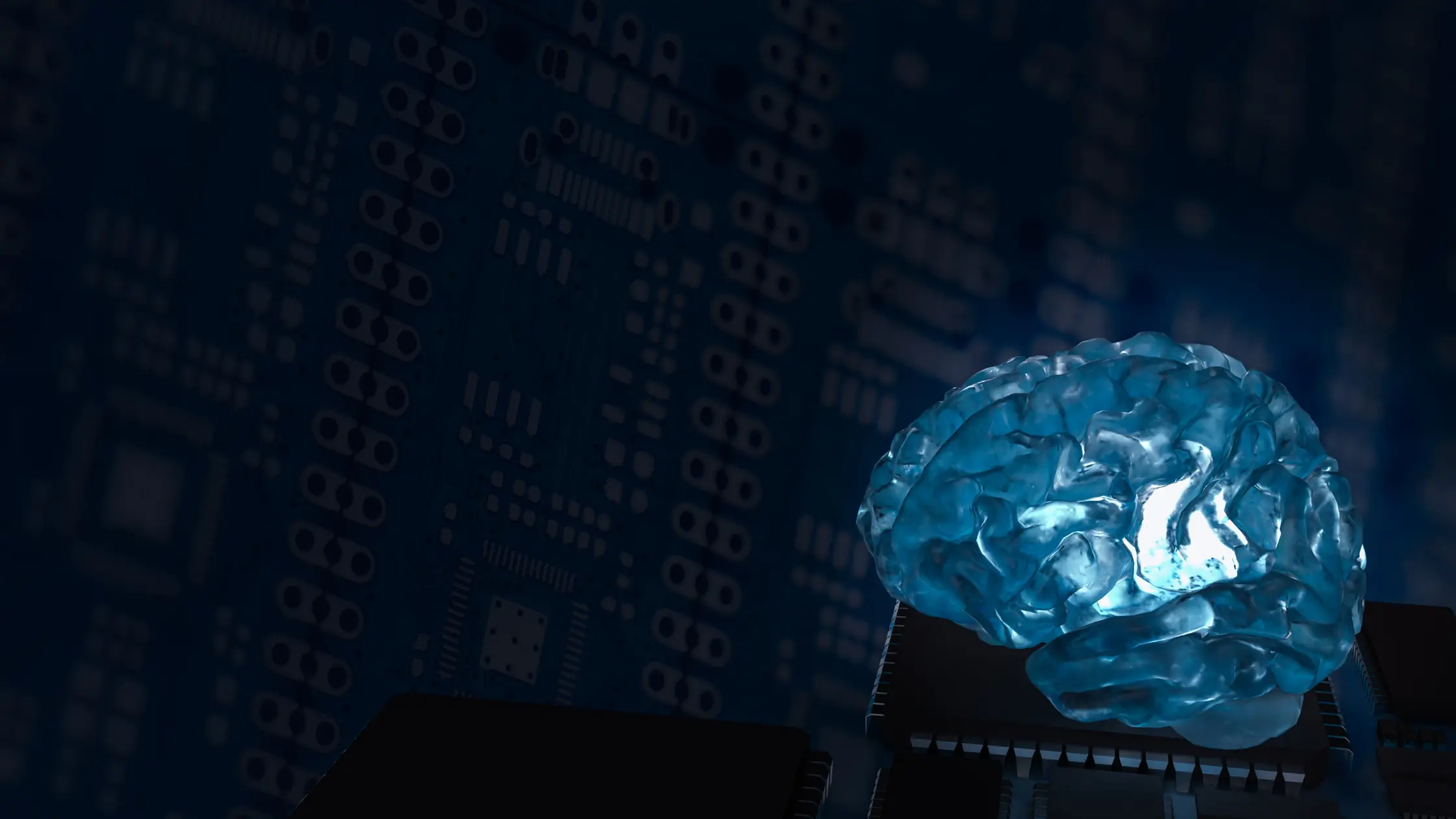 Illustration showcasing software solutions and generative AI, featuring digital interfaces, AI icons, and data flow graphics to represent innovation and technology integration.